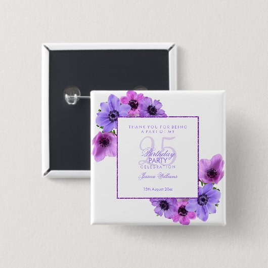 Hübsche Anemonen Floral 25. Geburtstag Button (Vorne & Hinten)