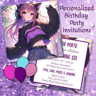 Hübsche Anime Girl auf Kopfhörern Geburtstagsparty Einladung