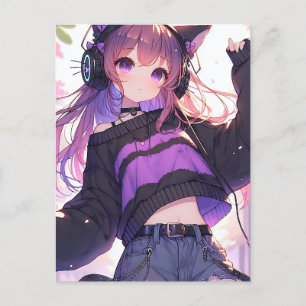 Hübsche Anime Girl auf Kopfhörern Geburtstagsparty Postkarte