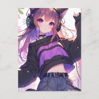Hübsche Anime Girl auf Kopfhörern Geburtstagsparty Postkarte