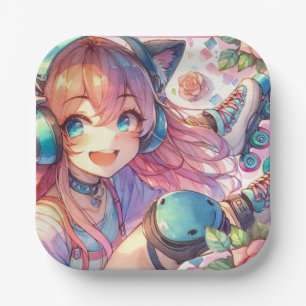 Hübsche Anime Girl in Roller Skate Geburtstagspart Pappteller