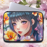 Hübsche Anime Girl mit Affodien Personalisiert Laptopschutzhülle<br><div class="desc">Personalisierte Tablettenhülle. Schönes Mädchen mit lila Augen und dunklem Haar umgeben von gelben Narzissen. Hübsche florale und animierte digitale ai Art.</div>