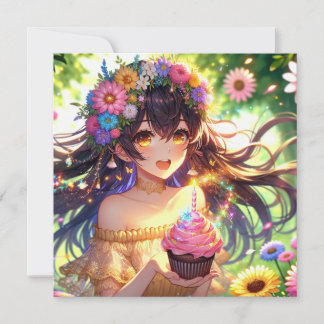 Hübsche Anime Girl mit Cupcake Geburtstag Einladung