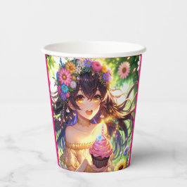 Hübsche Anime Girl mit Cupcake Geburtstag Pappbecher