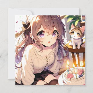 Hübsche Anime Girl mit Kitten und Geburtstagskuche Einladung
