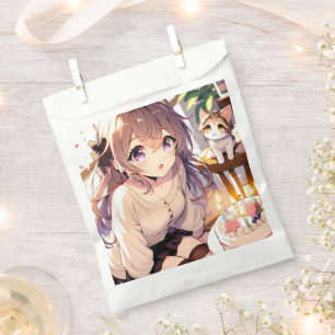 Hübsche Anime Girl mit Kitten und Geburtstagskuche Geschenktütchen