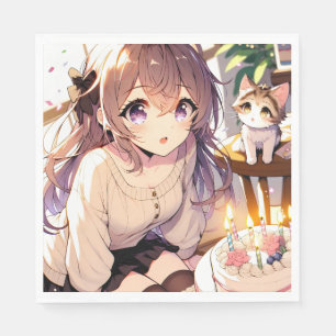 Hübsche Anime Girl mit Kitten und Geburtstagskuche Serviette