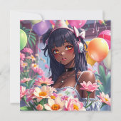 Hübsche Anime Girl of Color Personalisiert Geburts Einladung (Vorderseite)