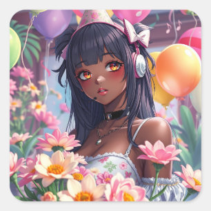 Hübsche Anime Girl of Color Personalisiert Geburts Quadratischer Aufkleber