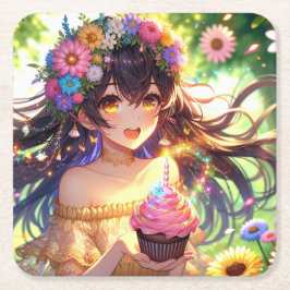 Hübsche Anime Girl's Birthday Cupcake Rechteckiger Pappuntersetzer
