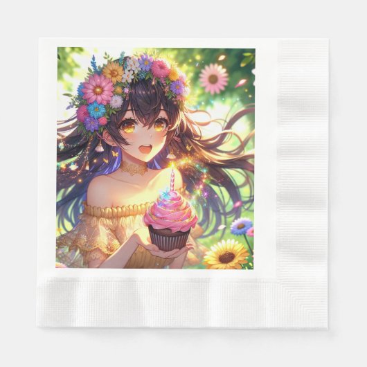 Hübsche Anime Girl's Birthday Cupcake Serviette (Vorderseite)