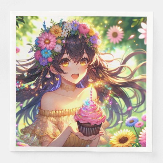 Hübsche Anime Girl's Birthday Cupcake Serviette (Vorderseite)