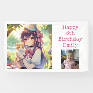 Hübsche Anime Holding Kitten Girl's Birthday Banner
