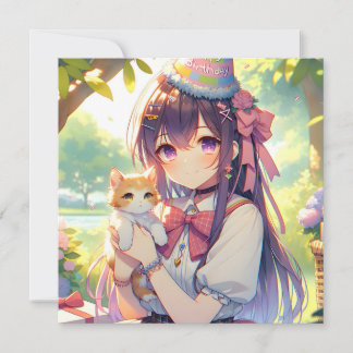 Hübsche Anime Holding Kitten Girl's Birthday Einladung