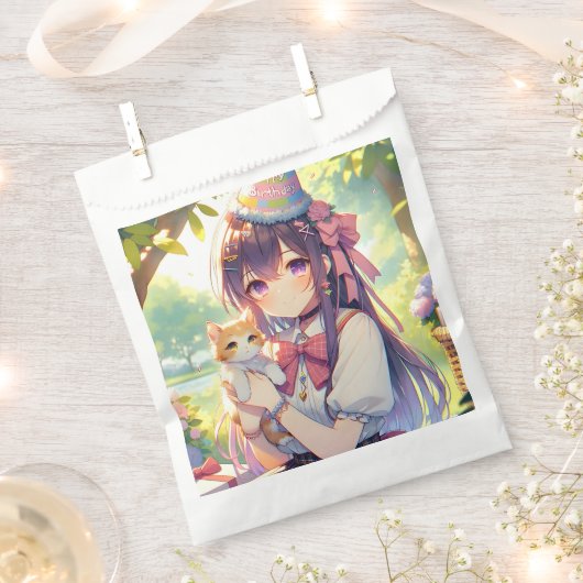 Hübsche Anime Holding Kitten Girl's Birthday Geschenktütchen (Ausgeschnitten)