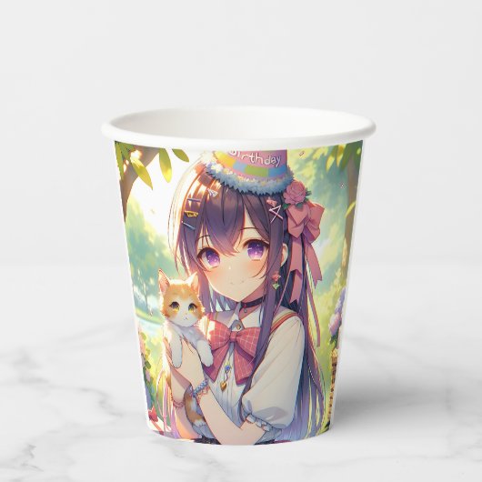 Hübsche Anime Holding Kitten Girl's Birthday Pappbecher (Vorderseite)