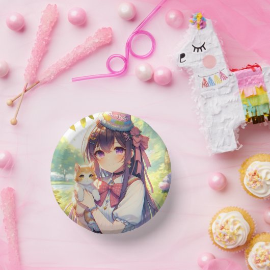 Hübsche Anime Holding Kitten Girl's Birthday Pappteller (Party)