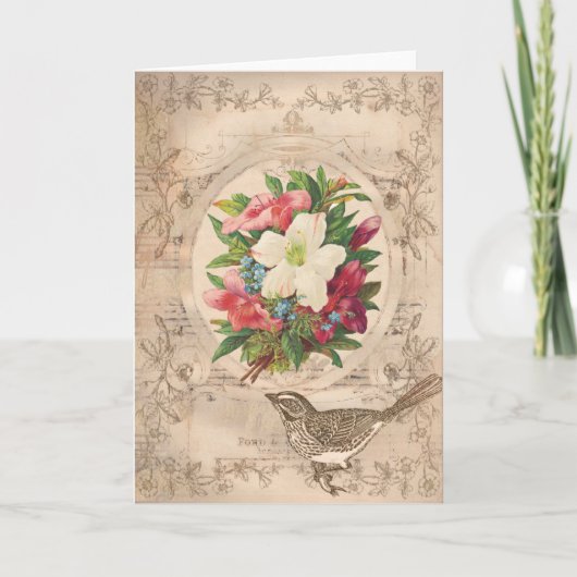 Hübsche antike Blume & Vogel Karte (Vorderseite)