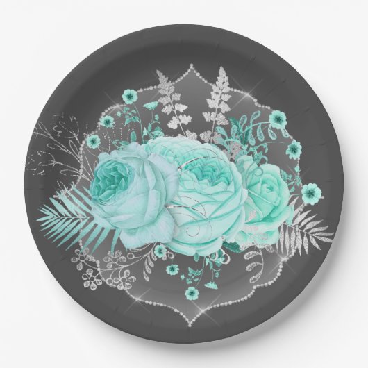 Hübsche Aqua Fantasy-Flora Pappteller (Vorderseite)
