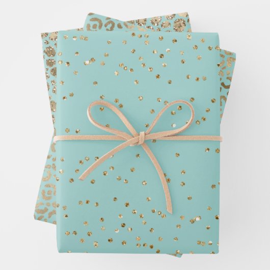Hübsche Aqua Mint Gold Sparkle Dots Leopard Geschenkpapier Set (Beispiel)