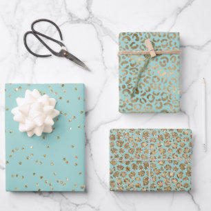 Hübsche Aqua Mint Gold Sparkle Dots Leopard     Geschenkpapier Set