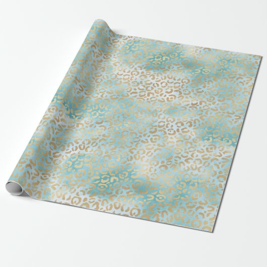 Hübsche Aqua White Gold Leopard Print Geschenkpapier (Ungerollt)