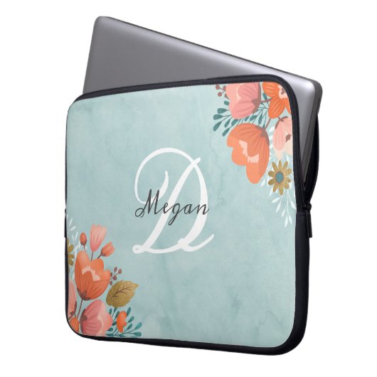 Hübsche Aquamarin rosa Floral Monogramm Laptopschutzhülle (Vorderseite Links)