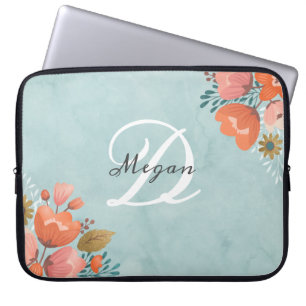 Hübsche Aquamarin rosa Floral Monogramm Laptopschutzhülle