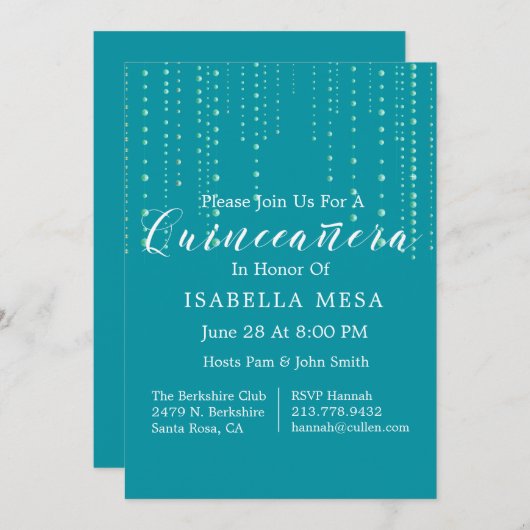 Hübsche Aquamarine Beads Quinceanera Party Einladung (Vorne/Hinten)