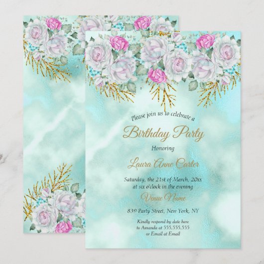 Hübsche Aquamarine Blue Gold Floral Pink Geburtsta Einladung (Vorne/Hinten)