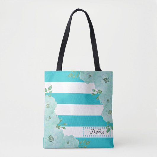 Hübsche Aquamarine Blume und Streifen Totbeutel Tasche (Vorderseite)