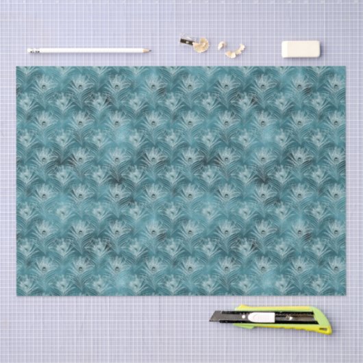 Hübsche Aquamarine Glitzy Peacock Feathers Seidenpapier (Handwerk)