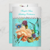 Hübsche Aquamarine Peach Rose Butterfly Geburtstag Einladung (Vorne/Hinten)