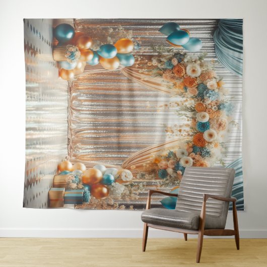 Hübsche Aquamarine und Orange Floral Balloon Arch Wandteppich (Beispiel (Horizontal))