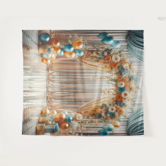 Hübsche Aquamarine und Orange Floral Balloon Arch Wandteppich (Vorderseite (Horizontal))