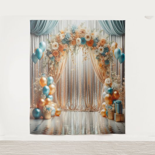 Hübsche Aquamarine und Orange Floral Balloon Arch Wandteppich (Vorderseite)