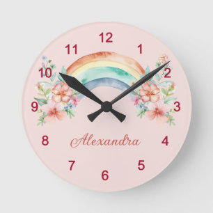 Hübsche Aquarell-Blume und Regenbogen Runde Wanduhr