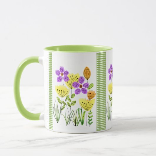 Hübsche Aquarell-Wildblumen mit Green Gingham Tasse (Links)