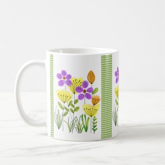 Hübsche Aquarell-Wildblumen mit Green Gingham Tasse (Links)