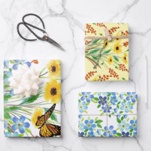 Hübsche Aquarellblauen und gelbe Blumen Geschenkpapier Set