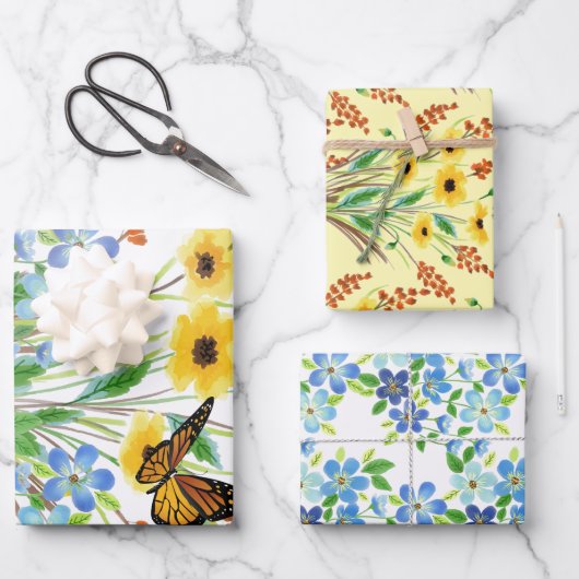Hübsche Aquarellblauen und gelbe Blumen Geschenkpapier Set (Vorderseite)
