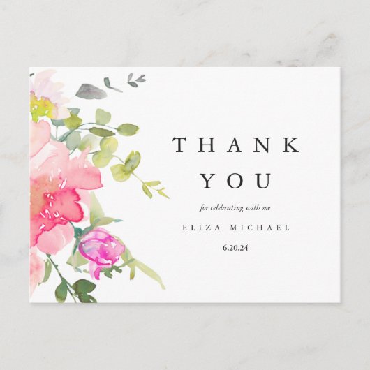 Hübsche Aquarellblütendusche Danke Postkarte (Vorderseite)