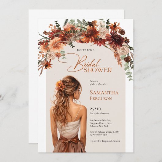 Hübsche Aquarellbraut Terracotta Fallbukett Einladung (Vorne/Hinten)