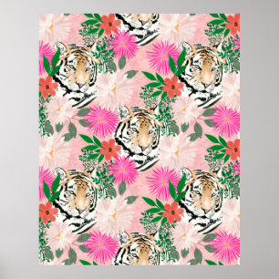 Hübsche Aquarellfarbe Floral & Tiger Animal Pink  Poster