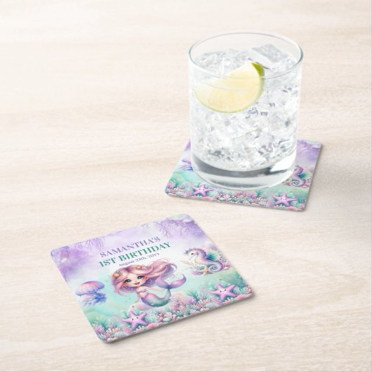 Hübsche Aquarellfarbe Meerjungfrau lila aquamarin Rechteckiger Pappuntersetzer (Vor Ort)