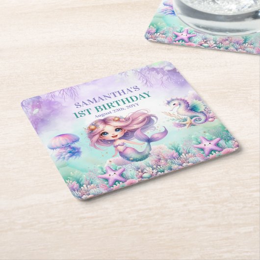 Hübsche Aquarellfarbe Meerjungfrau lila aquamarin Rechteckiger Pappuntersetzer (angewinkelt)