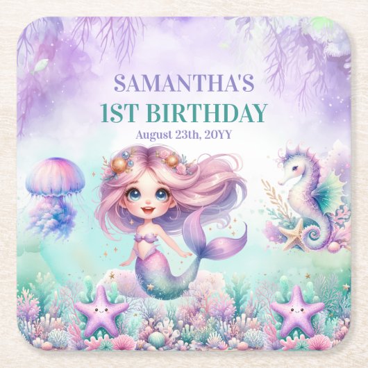 Hübsche Aquarellfarbe Meerjungfrau lila aquamarin Rechteckiger Pappuntersetzer (Vorderseite)