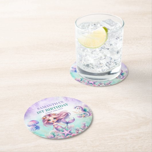 Hübsche Aquarellfarbe Meerjungfrau lila aquamarin Runder Pappuntersetzer (Vor Ort)