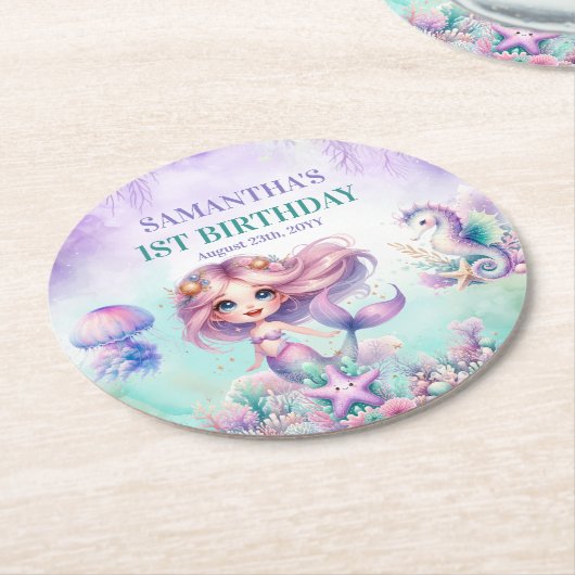 Hübsche Aquarellfarbe Meerjungfrau lila aquamarin Runder Pappuntersetzer (Angewinkelt)