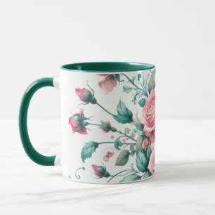 Hübsche Aquarellfarbe Rosa und grüne Rose Tasse